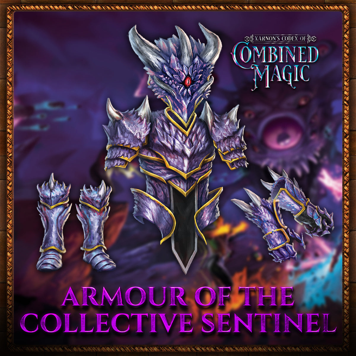Fantasy armor set with 'Xarnorn's Codex of Combined Magic' branding on a mystical background.
