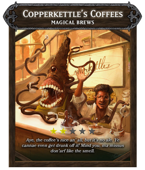 An illustration of a DnD fantasy setting with a character and a Roper-themed coffee shop named 'Copperkettle's Coffees'.
