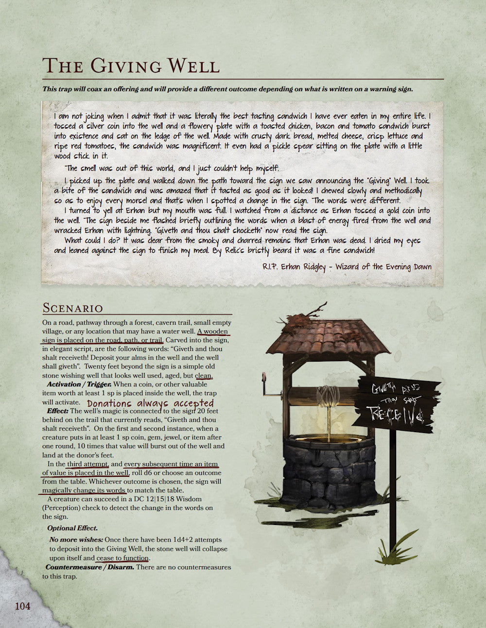 A 5E DnD game rulebook page for 'The Giving Well', with a well illustration and detailed text