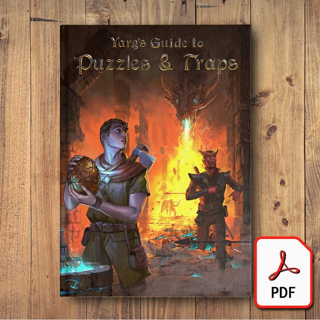 Cover of the book 'Yarg's Guide to Puzzles & Traps' for Dungeons & Dragons 5th edition, featuring an illustration of a character holding a puzzle ball, with a dark, burned-out ruin in the background. The book is indicated to be available in a PDF format.
