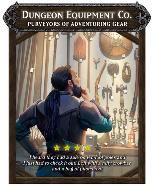 An illustration of a DnD fantasy setting with a character shopping for equipment, in a shop named 'Dungeon Equipment Co.'