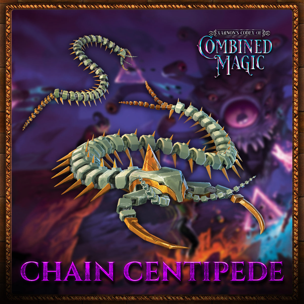 Illustration of a chain centipede with 'Combined Magic' branding on a dark background