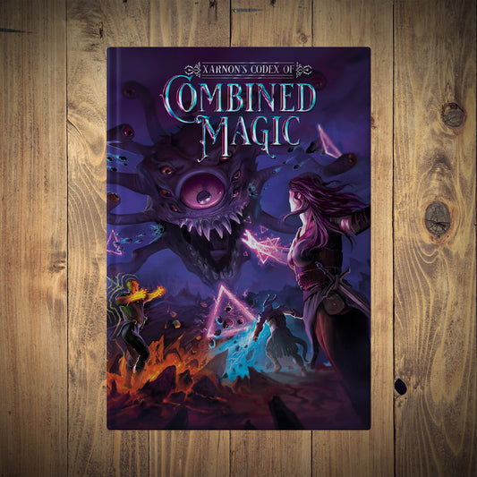 5E DnD Book titled 'Xarnon's Codex of Combined Magic' on a wooden surface