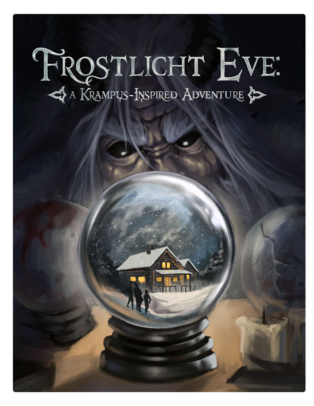 Cover of 'Frostlicht Eve: A Krampus-Inspired Adventure' with a snowglobe and Krampus watching.