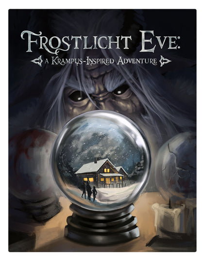 Cover of 'Frostlicht Eve: A Krampus-Inspired Adventure' with a snowglobe and Krampus watching.