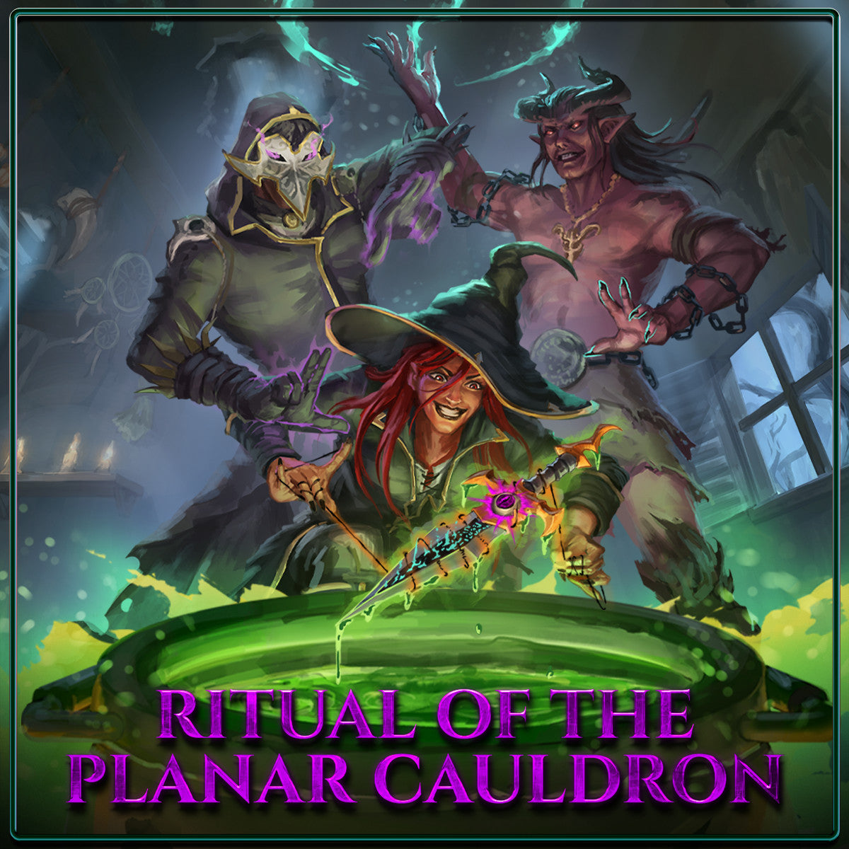 Illustration of DnD characters around a cauldron with 'Ritual of the Planar Cauldron' text.